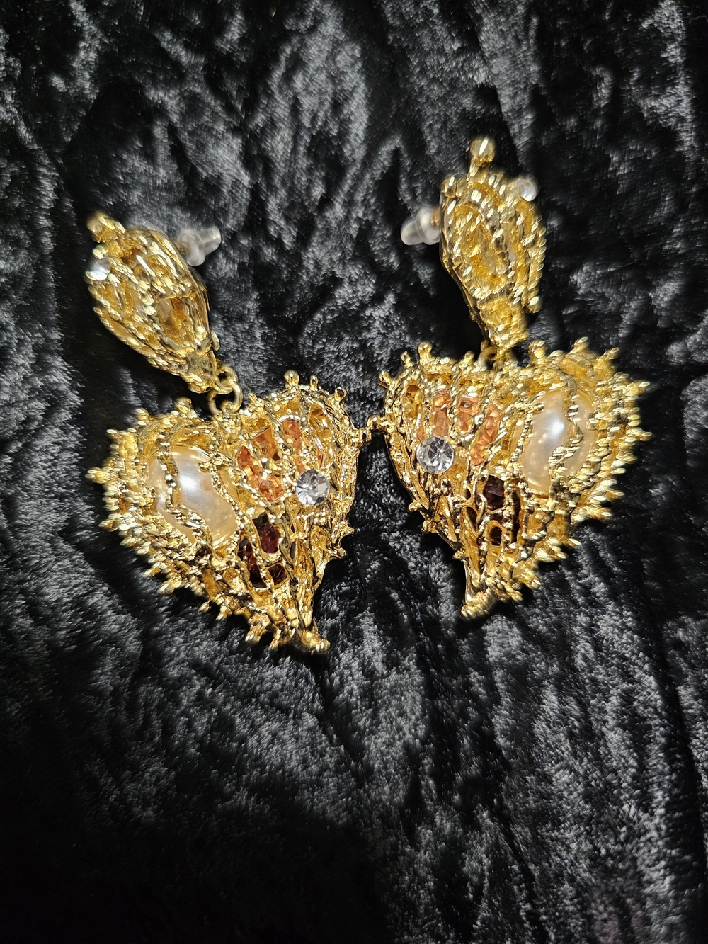 Gold Filigree Heart Drop Earrings with Crystal and Pearl Accents